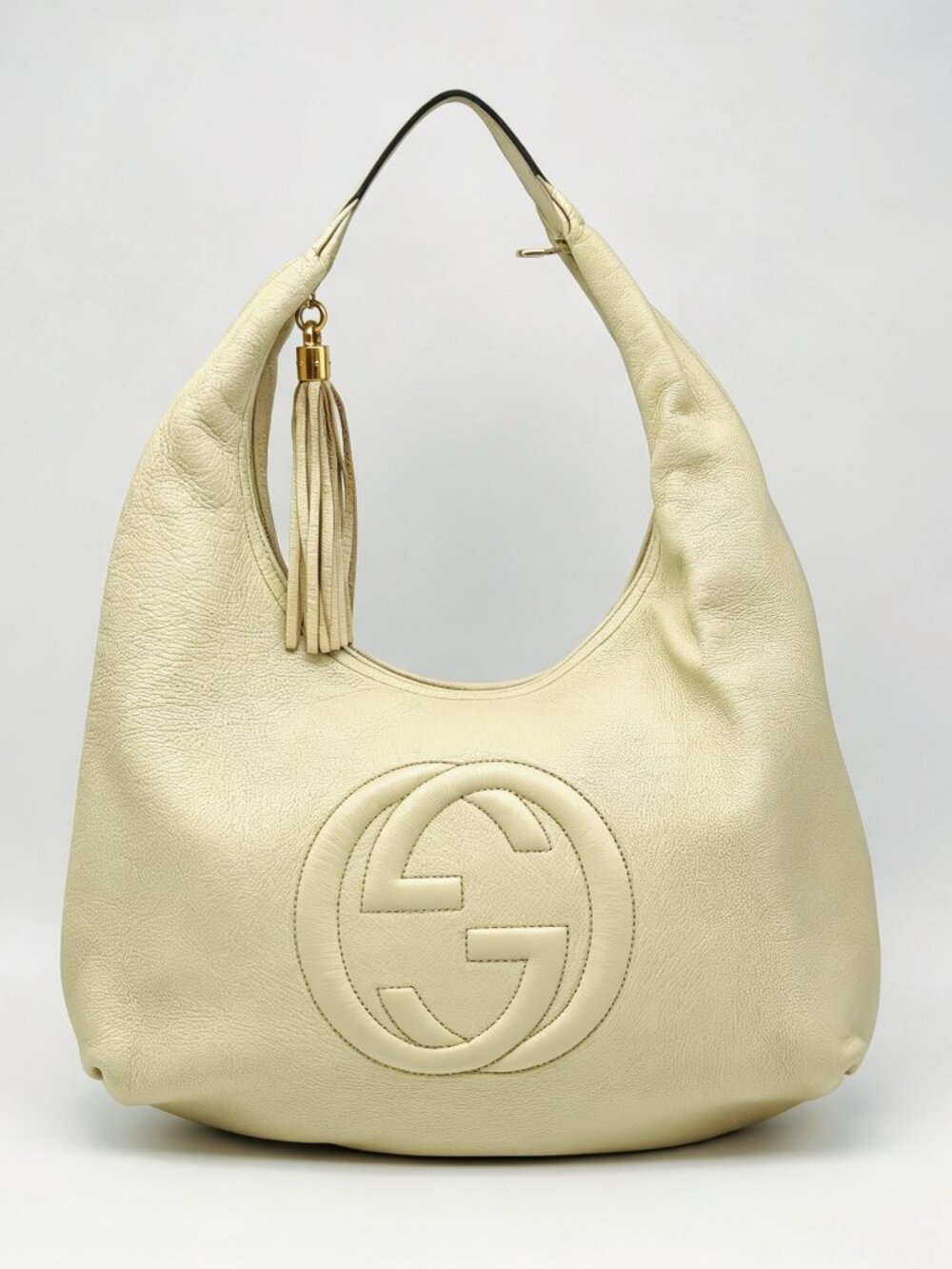 Gucci Soho Large Ivory Pebbled Leather Hobo Shoulder Bag Tassel